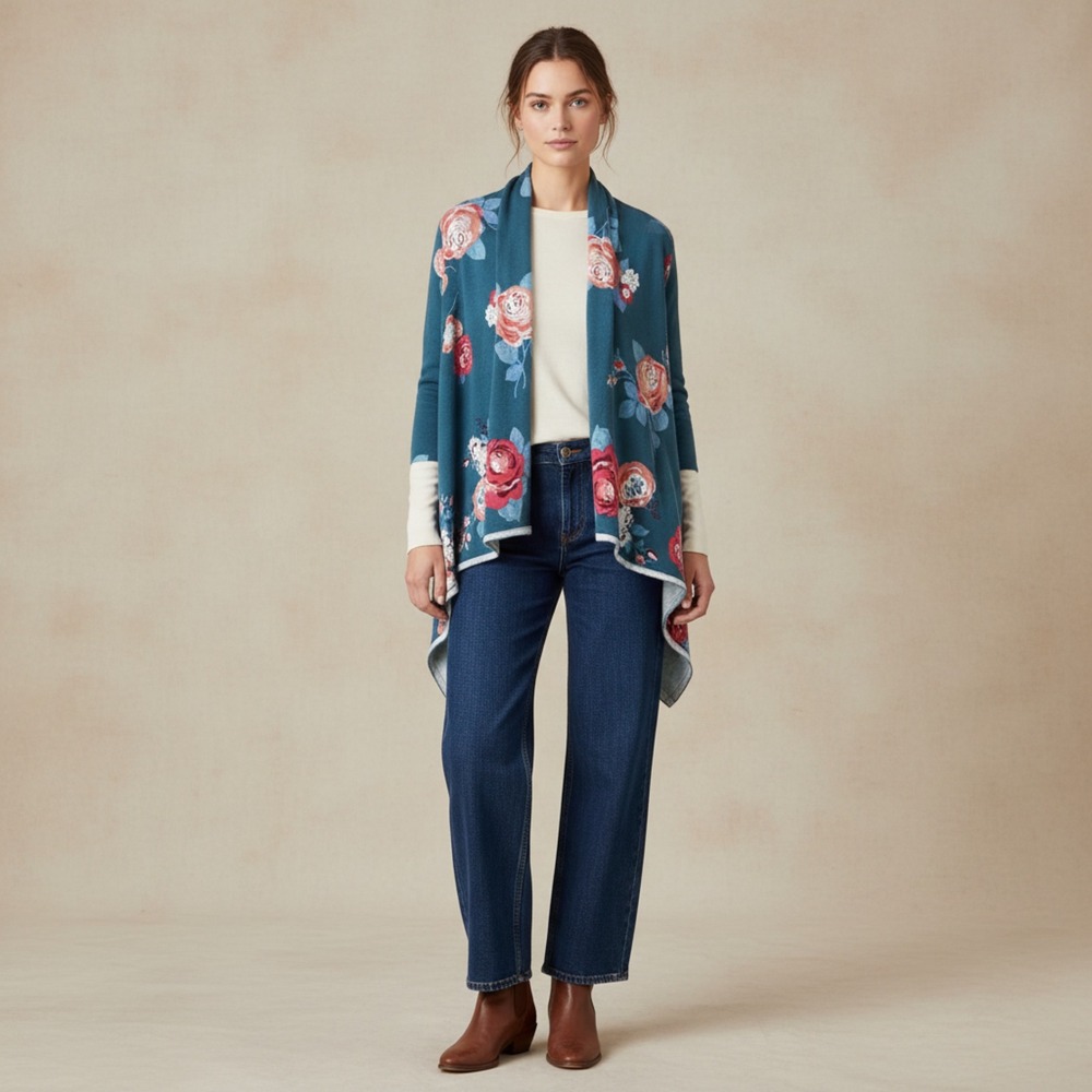Matilda Jane‎ Floral Waterfall Cardigan Wrap Sz XXL Teal Rose Print Open Front